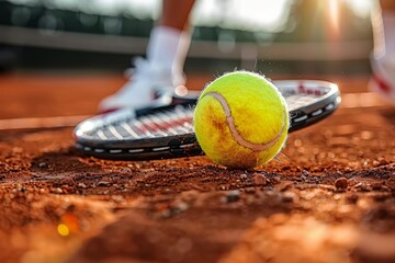 Tennis Ball and Racket on Tennis Court