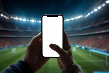 Hand with smartphone with white screen and space for graphics, text or inscriptions in a soccer stadium