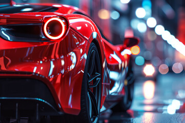 The back of a red sports super sports car close up on the street at night with bokeh fires in the...