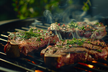 ribeye steaks on the grill over an open fire or barbecue close-up with smoke and space for text or inscriptions. Steaks on the grill, grilling season
