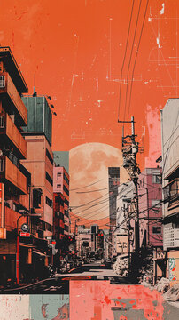 Shanghai China Asia Street Scene, urban design, asian, collage artwork, bold trendy colors, retro, vintage, contemporary