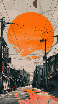 Shanghai Beijing , China Asia Street Scene, urban design, asian, collage artwork, bold trendy colors, retro, vintage, contemporary