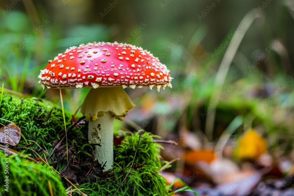Poster fly agaric in the forest. background with selective focus and copy space