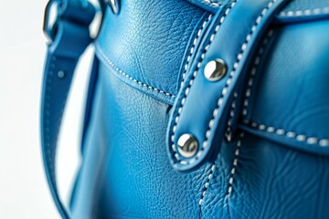 A blue purse with white stitching and a silver clasp. Business fashion concept