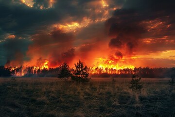 A forest fire is raging in the distance, with smoke billowing into the sky