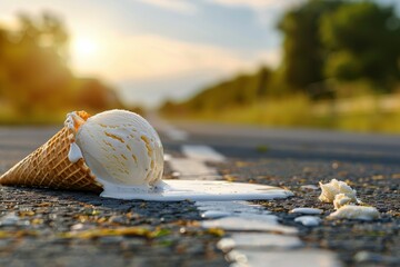 Fototapeta na wymiar Fallen ice cream on the road. Ice cream melts on the asphalt. Heat stroke concept. Hot summer and accident. Background