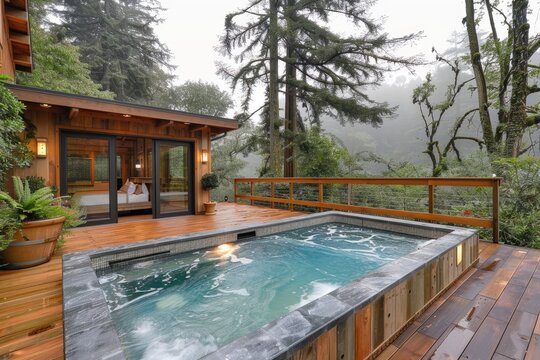 A wooden deck with a pool and a house in the background. The pool is surrounded by a wooden fence and has a waterfall feature. Scene is peaceful and relaxing