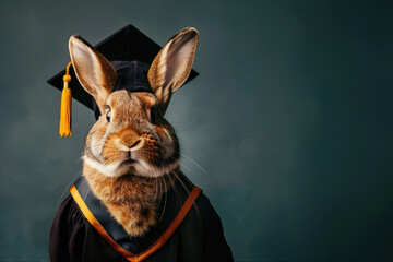 Rabbit wearing Graduation Cap and Gown on a Grey Background with Space for Copy