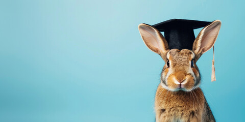 Rabbit wearing Graduation Cap on a Blue Background with Space for Copy