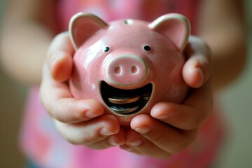 Piggy bank in hands. Saving money wealth and financial concept. Background with selective focus and copy space