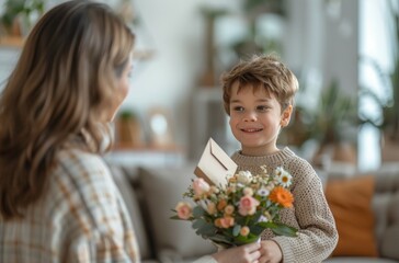 A woman is giving a boy a bouquet of flowers. Happy Mother's Day concept