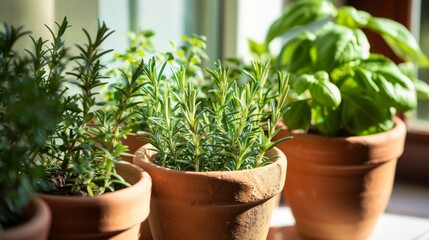 Fototapeta premium Fresh Kitchen Herbs in Terra Cotta Pots on Sunny Windowsill