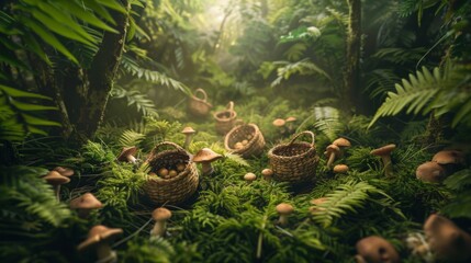 Enchanting Forest Mushrooms and Wicker Baskets in Ethereal Light - obrazy, fototapety, plakaty