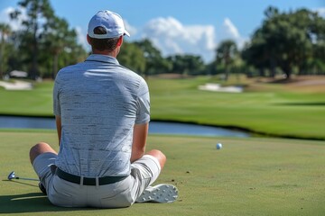 Man Sitting on Golf Green With Golf Ball in the Air