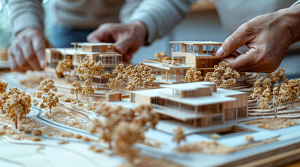 Close-up of hands meticulously adjusting a detailed architectural model with miniature trees and buildings.
