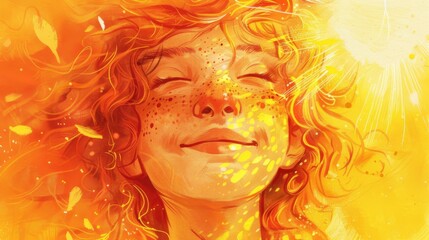 Radiant Joy: Woman Basking in Sunbeams and Autumn Leaves