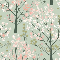 Elegant Spring Blossoms and Trees Seamless Pattern Background