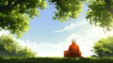 Serene Monk Meditating Under Lush Green Tree Canopy