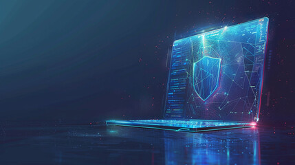 Laptop Computer Protection: Shield, Antivirus, Cybersecurity Concept