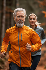 Middle-aged man running outdoors dressed in sportswear. Healthy lifestyle, sport and well-being in middle age.