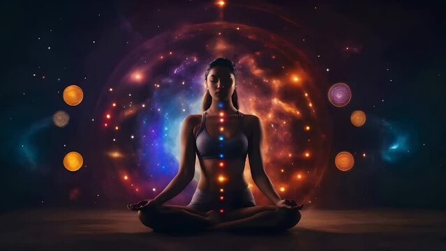 Female meditator in a cosmic setting with vibrant orbs, glowing orbs and a mystical aura around her, AI generated 4k, loop video.