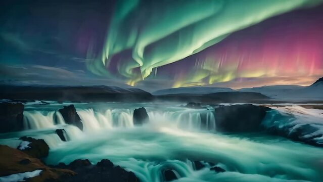 Luminous Aurora Borealis arcing over a powerful waterfall set against a twilight sky, AI generated 4k, loop video.