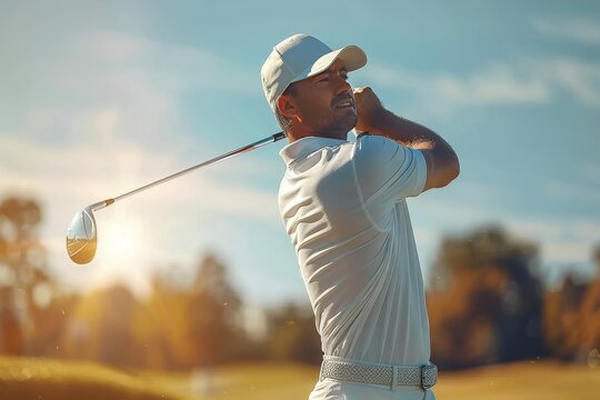 Man Swinging Golf Club on Sunny Day