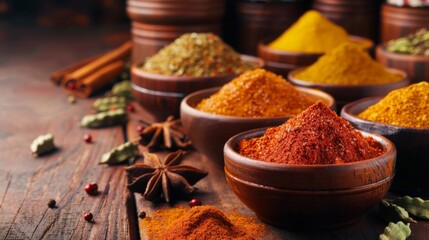 Vibrant Assortment of Exotic Spices in Earthen Bowls on Wooden Table