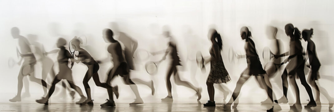 a long exposure photograph of multiple people tennis players, motion blur, the human figures appear as blurs against white background