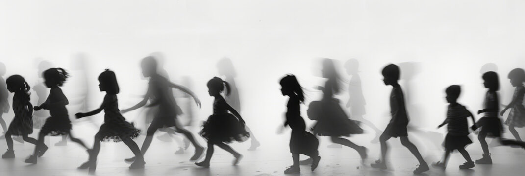 a long exposure photograph of multiple people toddlers, motion blur, the human figures appear as blurs against white background