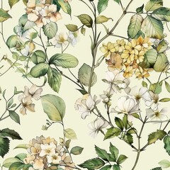 Vintage Botanical Watercolor Pattern with Lush Floral Elements