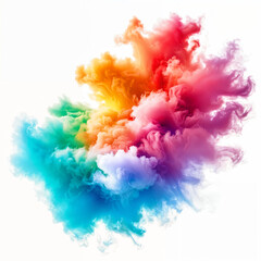 Fototapeta premium A vibrant explosion of colorful smoke, with hues ranging from pink to blue and yellow, creating a dynamic and eye-catching display against a white background.