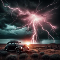 Poster Im Rahmen A vintage car on a desolate plain with intense lightning strikes illuminating the stormy sky © Iaroslav