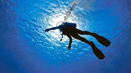 A man is scuba diving in the ocean