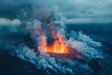 A volcano erupts with smoke and ash, creating a fiery and dangerous scene