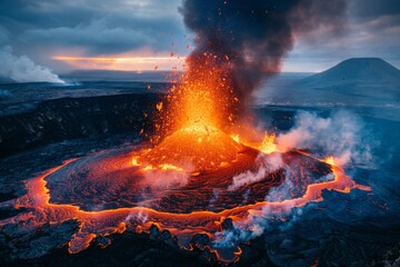 A volcano erupts with smoke and ash, creating a fiery and dangerous scene - obrazy, fototapety, plakaty