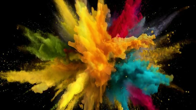 Explosion of colorful powder in dark background, illustrating energy, creativity, AI generated 4k, loop video.