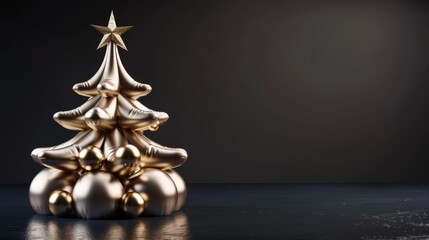 Modern Golden Christmas Tree on Dark Background with Copy Space