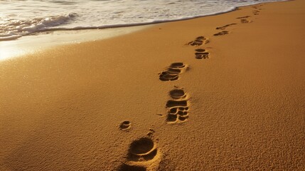 A line of human footprints leads across a sandy beach, disappearing into the gentle foam of an advancing ocean wave.