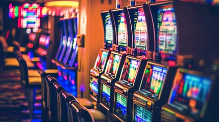 A vibrant row of colorful casino slot machines, illuminated and inviting, set against a blurred background..