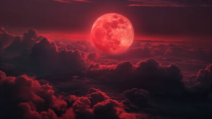 Dramatic blood moon looming over a surreal landscape of dense, cloud-wrapped mountain peaks at dusk..