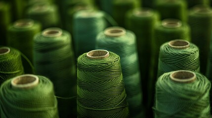 Macro shot of green spools of thread lined up in a textile production facility, showcasing industrial material..