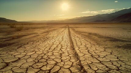Expansive view of a dry, cracked desert floor with sparse vegetation under a clear sky, showing signs of drought.. - obrazy, fototapety, plakaty