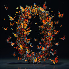 Number 0 made of butterflies on textured background. 3D rendering