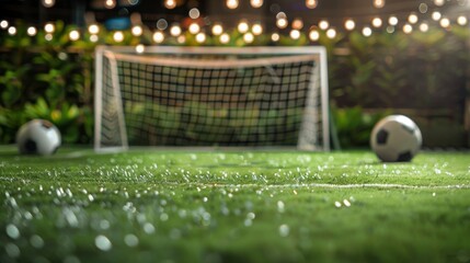 Soccer Field at Night with Illuminated Goal Net and Dew-Soaked Grass