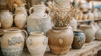 Fototapeta na wymiar Rustic Handcrafted Pottery and Ceramics Display at Artisan Market