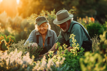 Naklejka na ściany i meble Elderly senior couple harvesting herbs in garden during summer sunset
