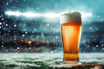 Glass of fresh and cold beer on soccer, American football stadium background
