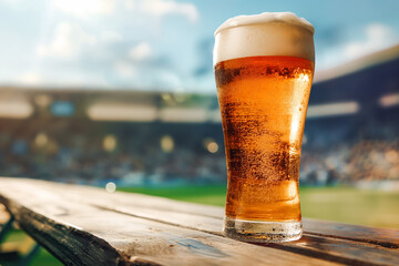 Glass of fresh and cold beer on soccer, American football stadium background