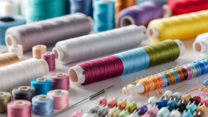 Various colorful sewing threads, a needle, and pins arranged neatly on a table. - obrazy, fototapety, plakaty
